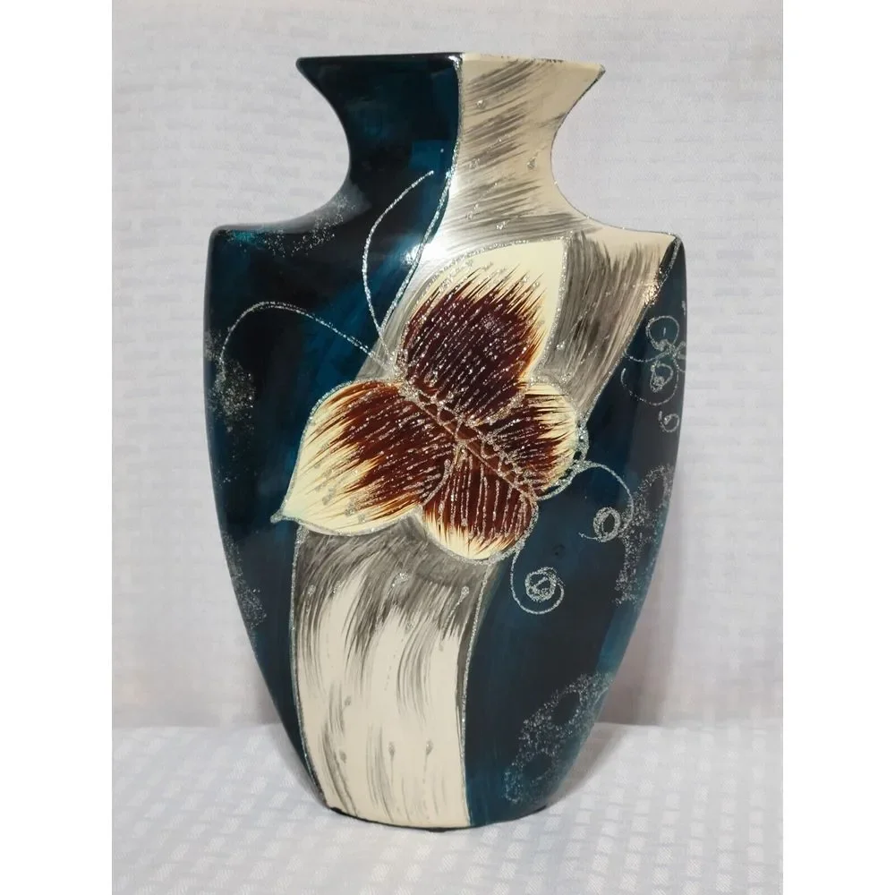 Hand Painted Ceramic Floral Vase Teal Cream Silver Glitter Decorative Art Deco